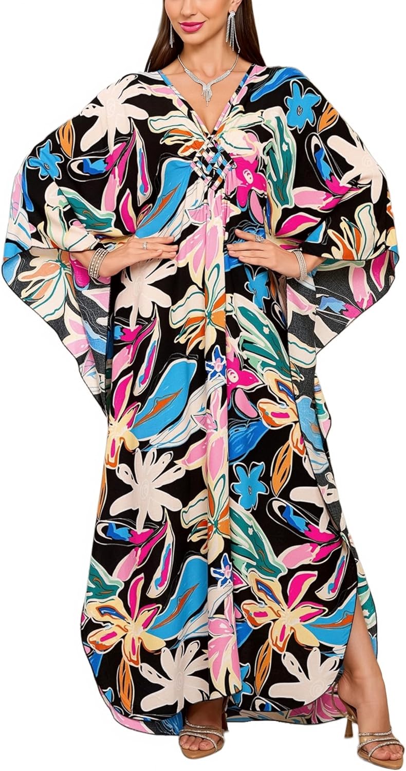 KEYLORTING Women’s Kaftan Beach Cover Up Dress Plus Size Summer Swimsuit Loungewear Maxi Dress - Image 1
